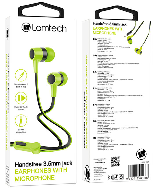 LAMTECH HANDSFREE WITH MIC 3,5MM JACK GREEN