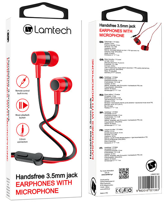 LAMTECH HANDSFREE WITH MIC 3,5MM JACK RED