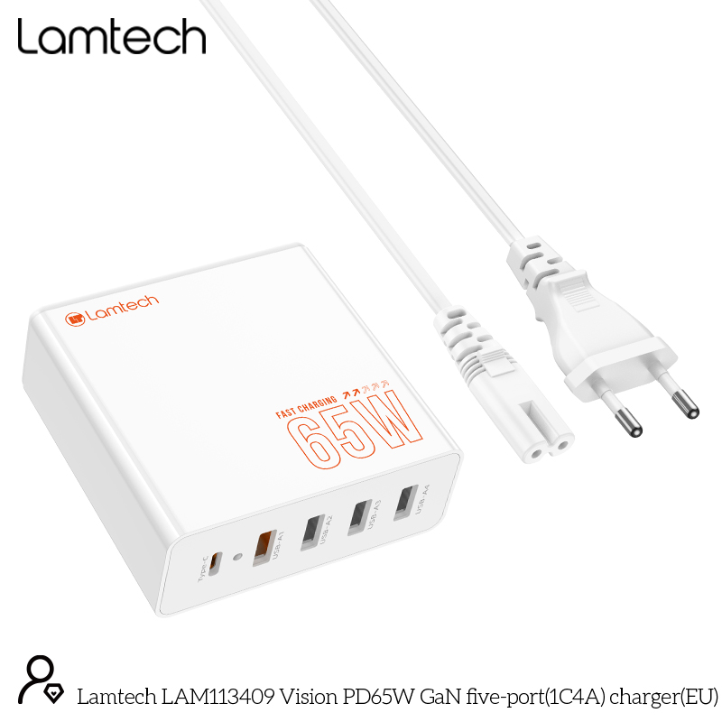 LAMTECH GAN FAST CHARGER 1xTYPE-C & 4xQC3.0 65W & EU CABLE 1.5M