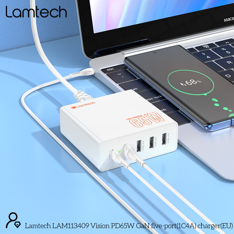 LAMTECH GAN FAST CHARGER 1xTYPE-C & 4xQC3.0 65W & EU CABLE 1.5M