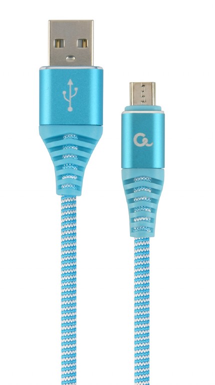 CABLEXPERT PREMIUM COTTON BRAIDED MICRO-USB CHARGING AND DATA CABLE 1M TURQOUISE/WHITE RETAIL PACK