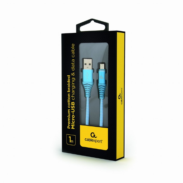 CABLEXPERT PREMIUM COTTON BRAIDED MICRO-USB CHARGING AND DATA CABLE 1M TURQOUISE/WHITE RETAIL PACK