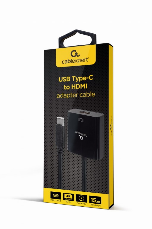 CABLEXPERT USB TYPE-C TO HDMI ADAPTER CABLE 4K@60HZ 15CM BLACK RETAIL PACK