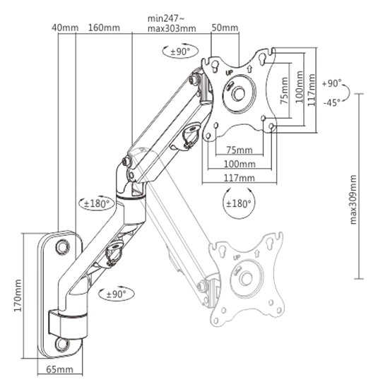 GEMBIRD ADJUSTABLE WALL DISCPLAY MOUNTING ARM UP TO 27'/7KG