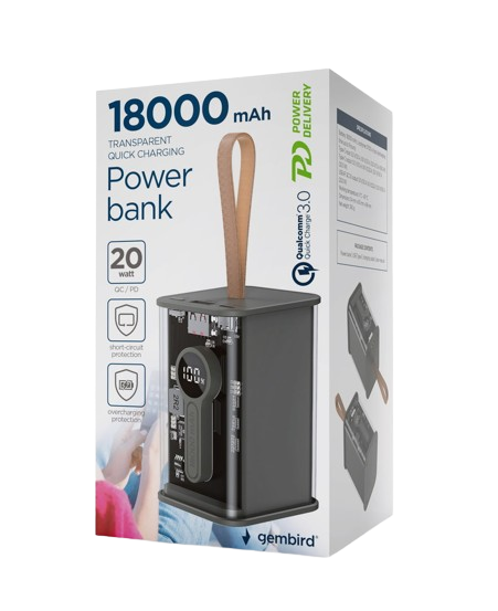 GEMBIRD TRANSPARENT QC3.0 QUICK CHARGING POWER BANK 18000MAH BLACK