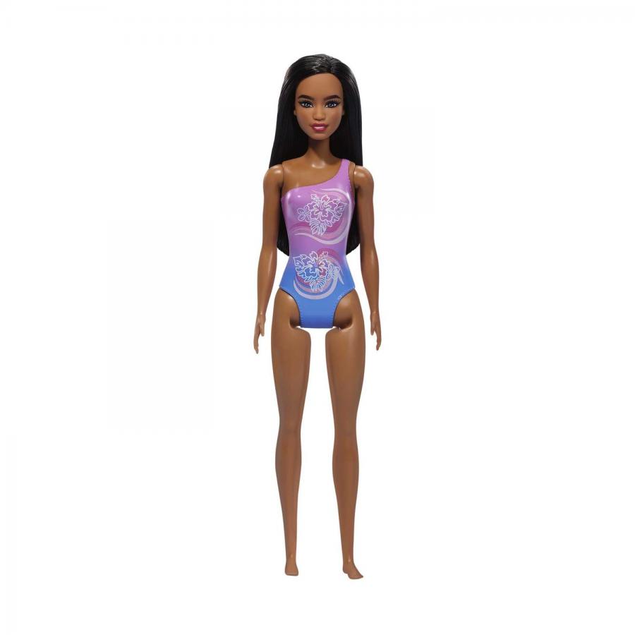 Mattel Barbie: Beach - Dark Skin Doll Wearing Tropical Pink and Blue Swimsuit (HXX49)