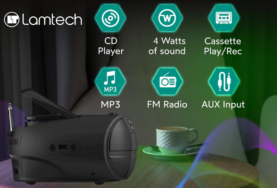 LAMTECH BLUETOOTH RADIO/CD/CASSETTE BOOMBOX BLACK