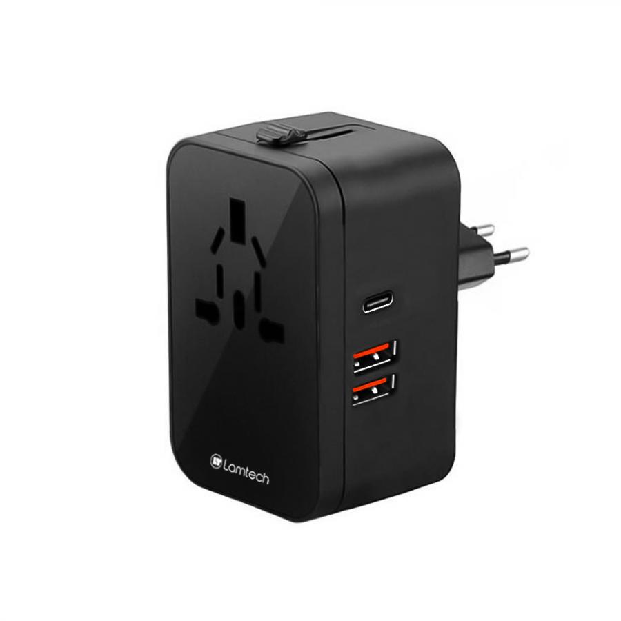 LAMTECH UNIVERSAL POWER TRAVEL ADAPTER 2XUSB 1XTYPE-C 20W BLACK