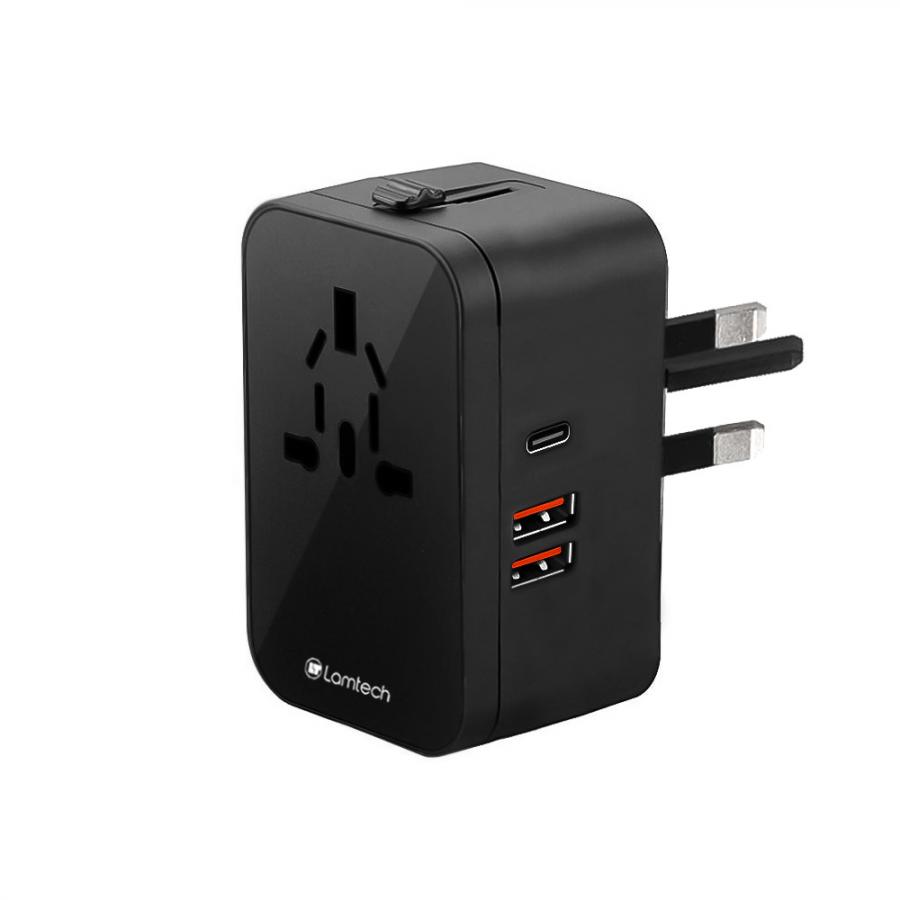 LAMTECH UNIVERSAL POWER TRAVEL ADAPTER 2XUSB 1XTYPE-C 20W BLACK
