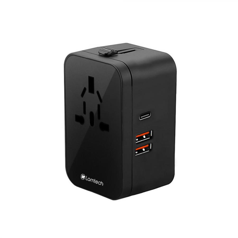 LAMTECH UNIVERSAL POWER TRAVEL ADAPTER 2XUSB 1XTYPE-C 20W BLACK