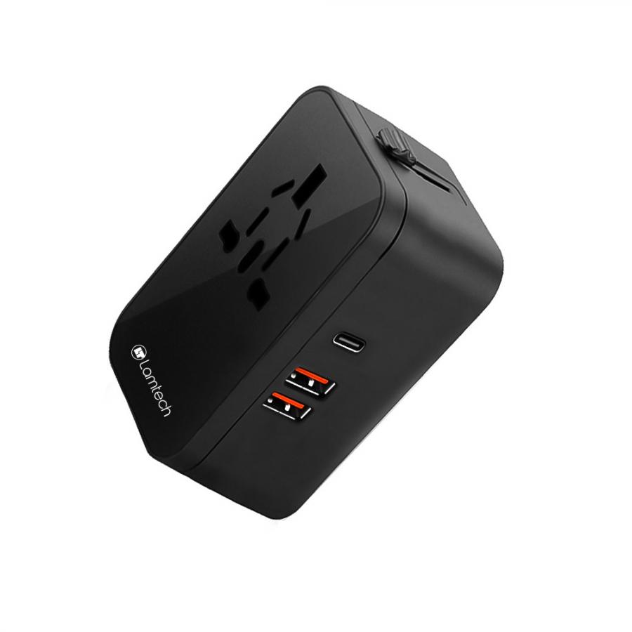 LAMTECH UNIVERSAL POWER TRAVEL ADAPTER 2XUSB 1XTYPE-C 20W BLACK