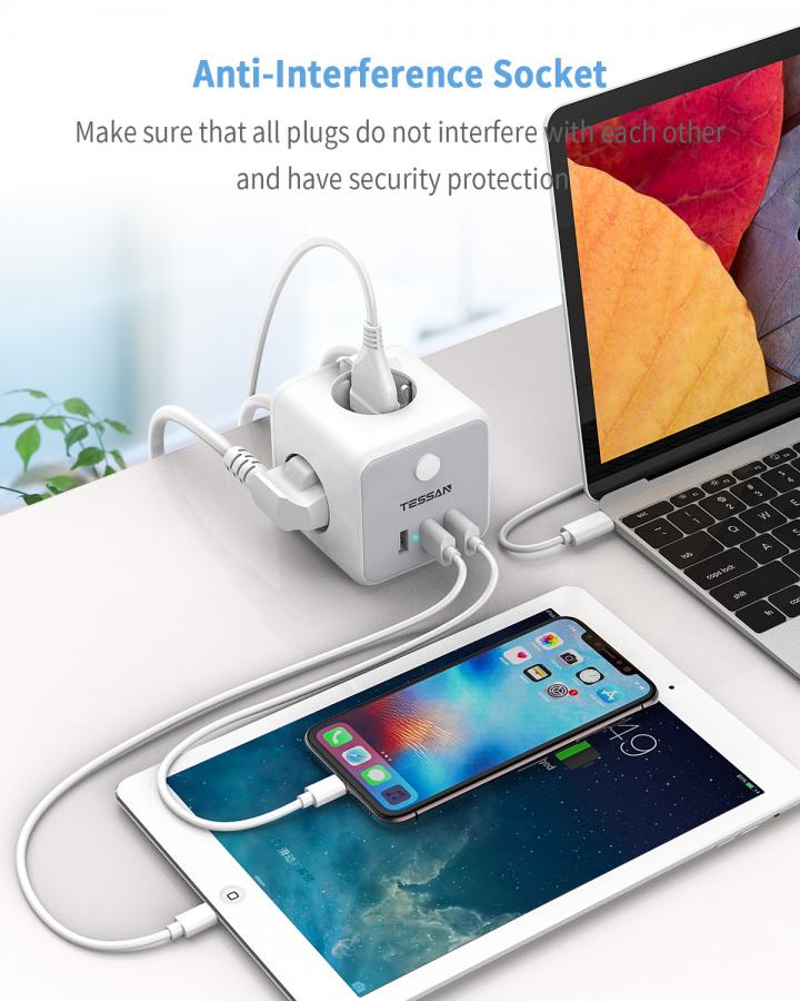 TESSAN 6 IN 1 POWERCUBE STRIP 3xSCHUKO, 2xUSB, 1xTYPE-C, 2M CABLE