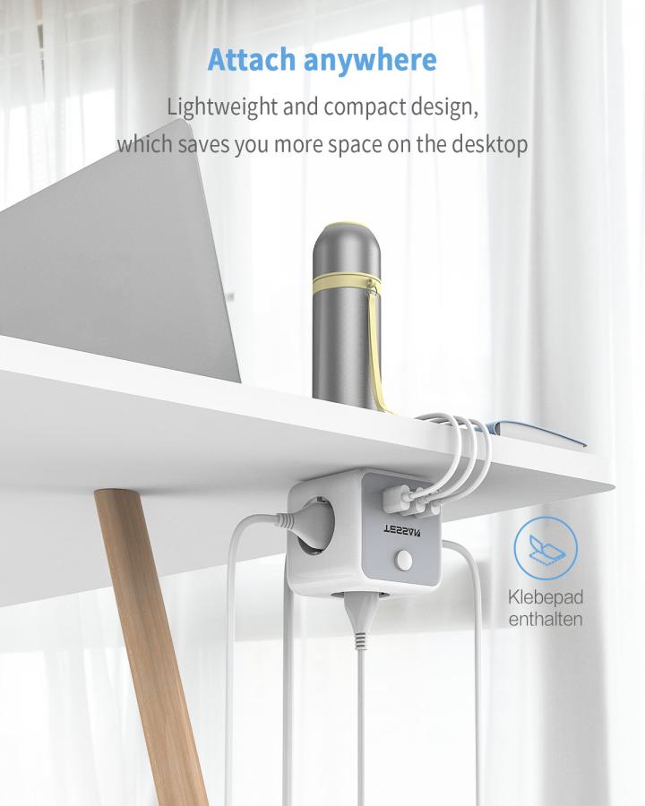 TESSAN 6 IN 1 POWERCUBE STRIP 3xSCHUKO, 2xUSB, 1xTYPE-C, 2M CABLE