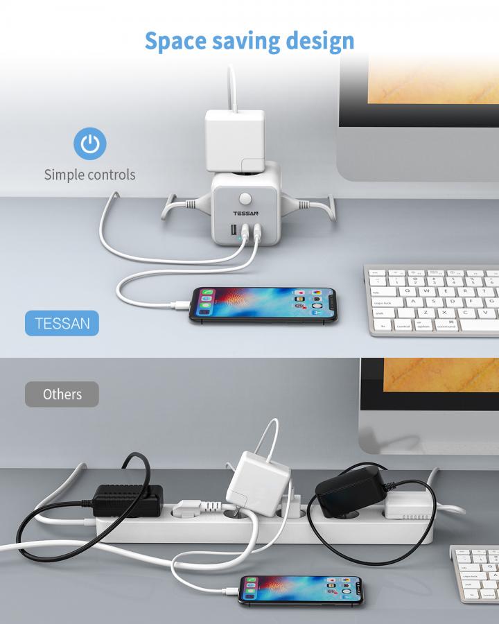 TESSAN 6 IN 1 POWERCUBE STRIP 3xSCHUKO, 2xUSB, 1xTYPE-C, 2M CABLE