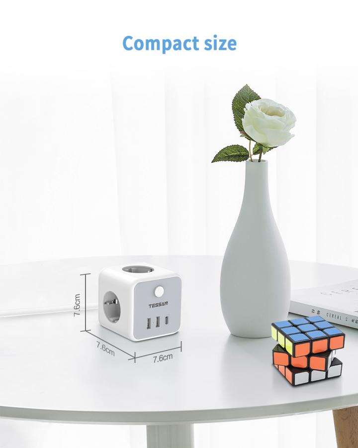 TESSAN 6 IN 1 POWERCUBE STRIP 3xSCHUKO, 2xUSB, 1xTYPE-C, 2M CABLE