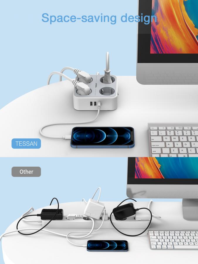TESSAN 7 IN 1 POWER STRIP 4xSCHUKO, 2xUSB, 1xTYPE-C, 2M CABLE