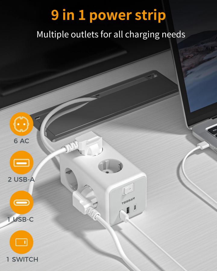 TESSAN 9 IN 1 CUBOID POWER STRIP 6xSCHUKO, 2xUSB, 1xTYPE-C, 2M CABLE