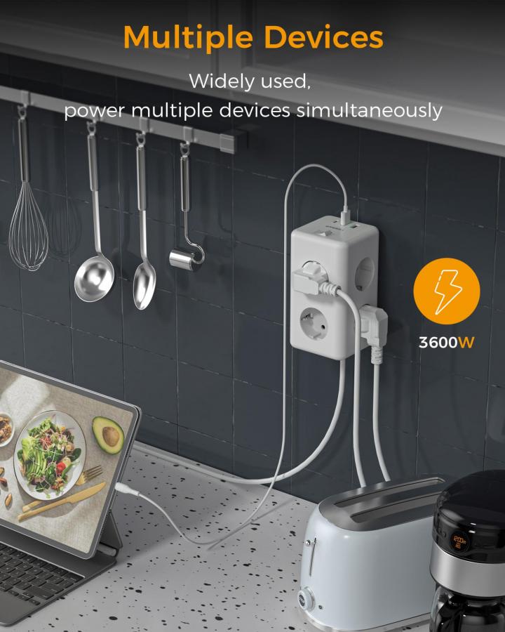 TESSAN 9 IN 1 CUBOID POWER STRIP 6xSCHUKO, 2xUSB, 1xTYPE-C, 2M CABLE