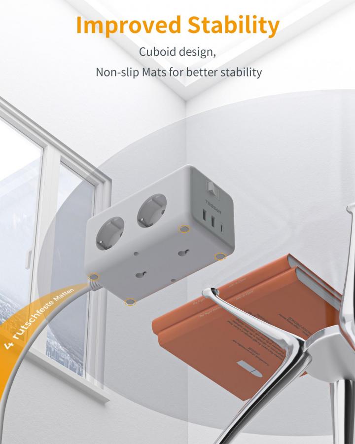 TESSAN 9 IN 1 CUBOID POWER STRIP 6xSCHUKO, 2xUSB, 1xTYPE-C, 2M CABLE