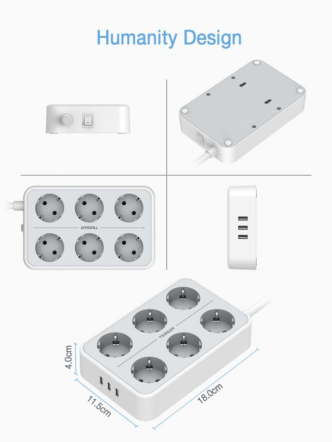 TESSAN 9 IN 1 POWER STRIP 6xSCHUKO, 3xUSB, 2M CABLE