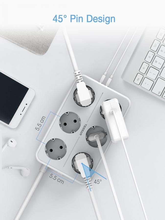 TESSAN 9 IN 1 POWER STRIP 6xSCHUKO, 3xUSB, 2M CABLE