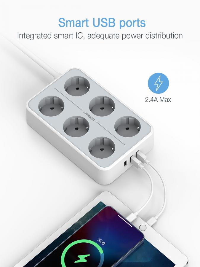 TESSAN 9 IN 1 POWER STRIP 6xSCHUKO, 3xUSB, 2M CABLE