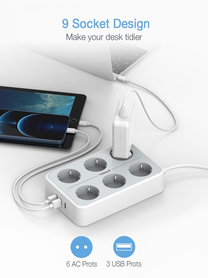 TESSAN 9 IN 1 POWER STRIP 6xSCHUKO, 3xUSB, 2M CABLE