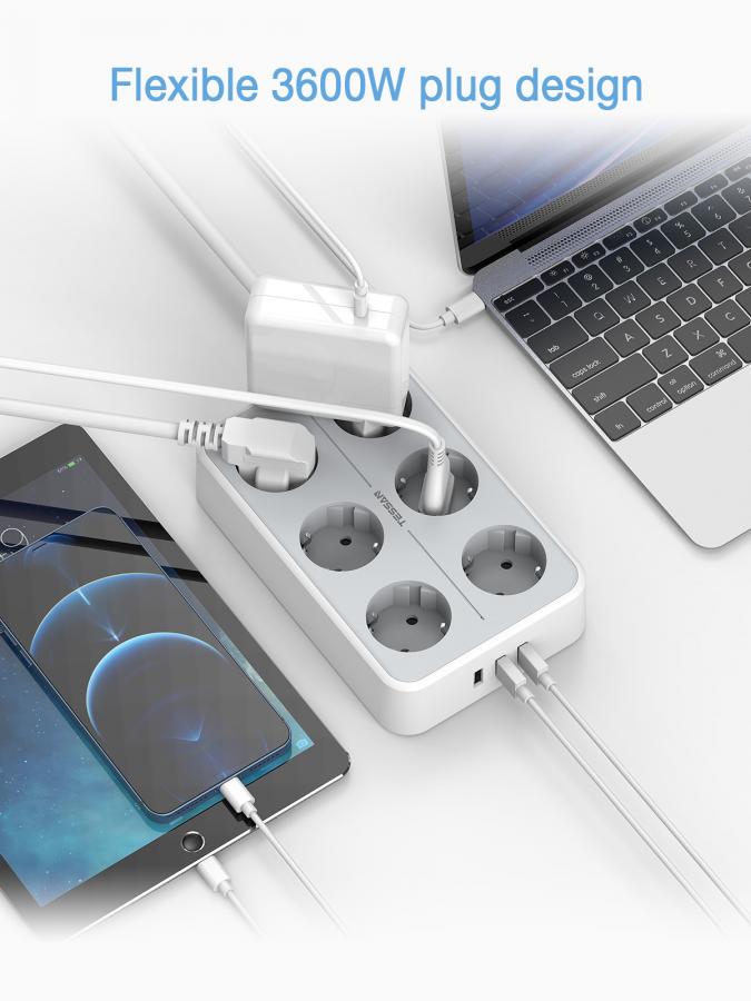 TESSAN 9 IN 1 POWER STRIP 6xSCHUKO, 3xUSB, 2M CABLE