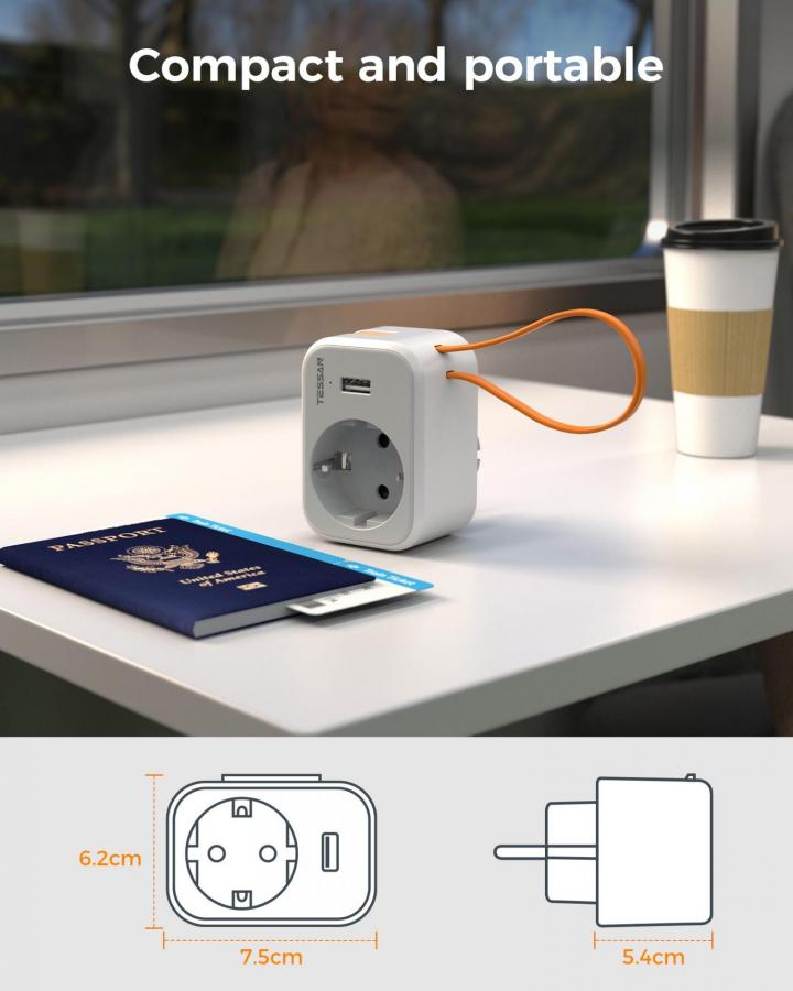 TESSAN 3 IN 1 WALL SOCKET 1xSCHUKO, 1xUSB, 1xTYPE-C CABLE 15CM