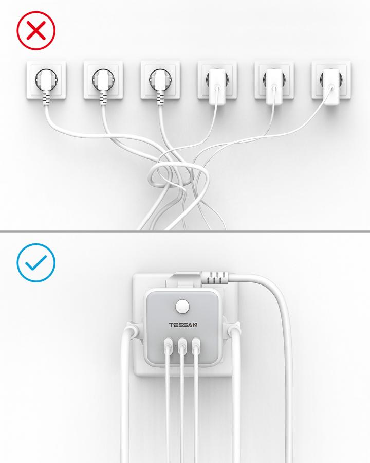 TESSAN 6 IN 1 POWERCUBE SOCKET 3xSCHUKO, 2xUSB, 1xTYPE-C