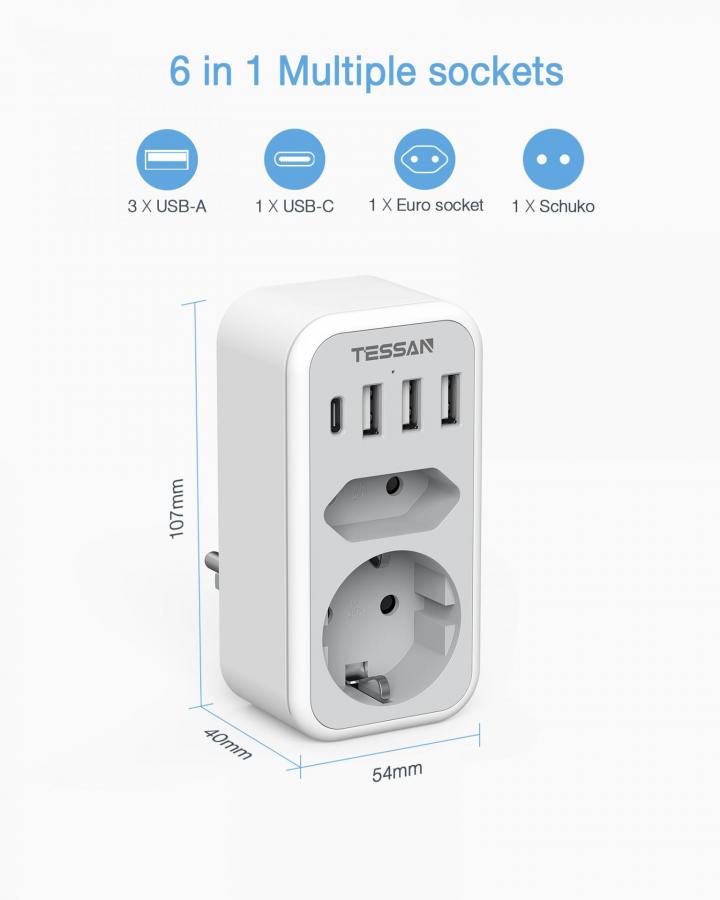 TESSAN 6 IN 1 WALL SOCKET 1xSCHUKO, 1xEU SOCKET ,3xUSB, 1xTYPE-C