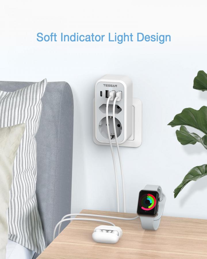 TESSAN 6 IN 1 WALL SOCKET 1xSCHUKO, 1xEU SOCKET ,3xUSB, 1xTYPE-C