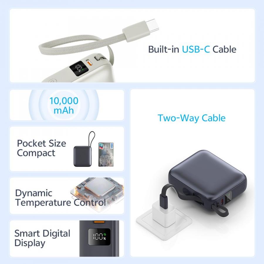 QCY PB10C Grey 10000mAh 35W PD fast charge power bank - Digital Display, Fireproof ABS+PC