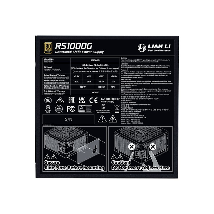 Lian Li RS1000W Black - 1000 Watt 80+ Gold PSU - 12V-2x6 Colored Cable - Fully Modular