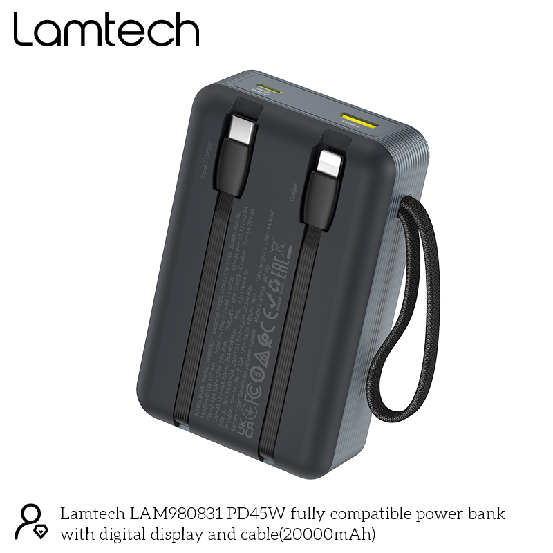 LAMTECH POWERBANK 20000MAH WITH TYPE-C AND LIGHTNING BUILT-IN CABLES QC3.0 PD45W