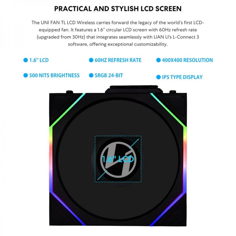 Lian Li UNI FAN TL-LCD Wireless Reverse 140 Black (1pc) Case Fan - No Controller Included