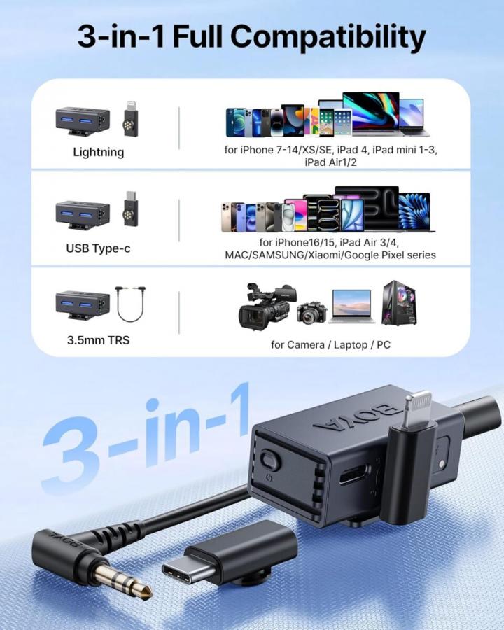 BOYALINK 3 - Type-C, Lightning & 3,5mm AI-Powered Button Wireless Microphone 2 TX + 1 RX + cha. Case