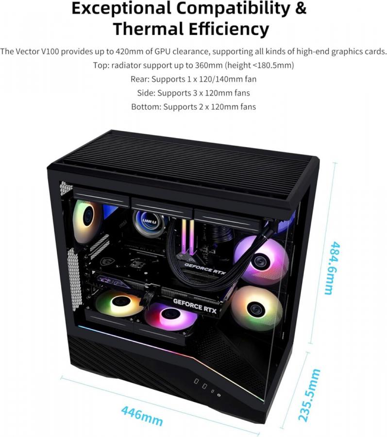 Lian Li Vector V100 Black - 4 x 120mm ARGB - LED RGB Strip - Tempered Glass - ATX Case