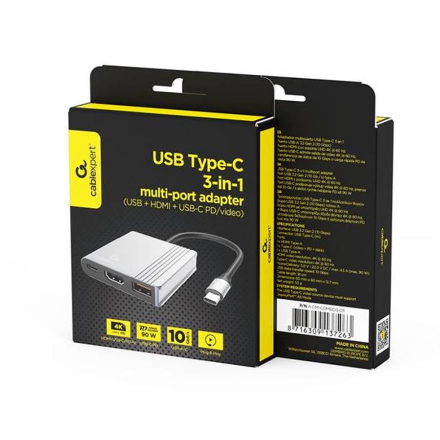 CABLEXPERT TYPE-C 3IN1 MULTI-PORT ADAPTER (USB PORT+HDMI+TYPE-C VIDEO) SPACE GREY