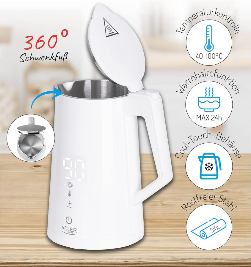 ADLER LED ELECTRIC KETTLE WITH TEMPERATURE CONTROL 1.7L STRIX WHITE