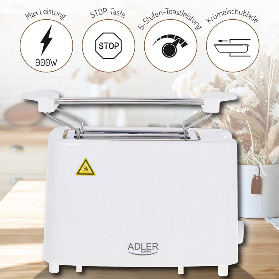 ADLER TOASTER 2 SLICE 900W WHITE