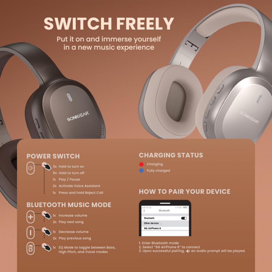 SONICGEAR 2-IN-1 BT6.0 FOLDABLE HEADPHONES AIRPHONE 8 ESPRESSO BROWN