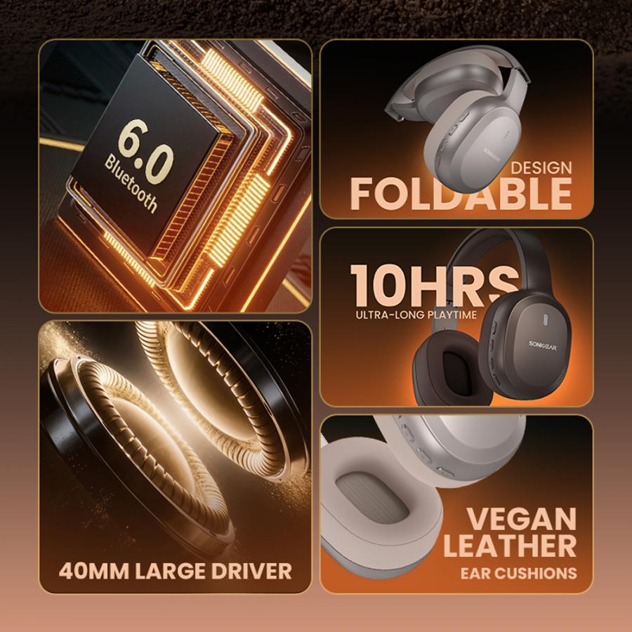 SONICGEAR 2-IN-1 BT6.0 FOLDABLE HEADPHONES AIRPHONE 8 ESPRESSO BROWN