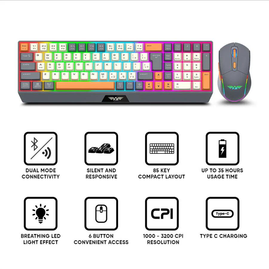 ARMAGGEDDON DUAL MODE GAMING COMBO KEYBOARD AND MOUSE MM-852R DUO STEALTH GREY ORANGE