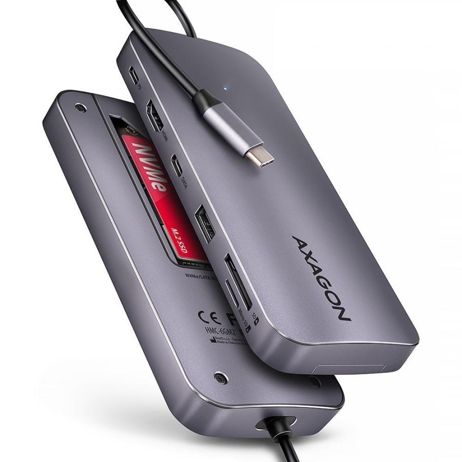 AXAGON HMC-6GM2 USB-C 3.2 GEN 2 HUB W. M.2 SATA/NVME + HDMI + 1X USB-A + 1X USB-C + CR + PD 100W