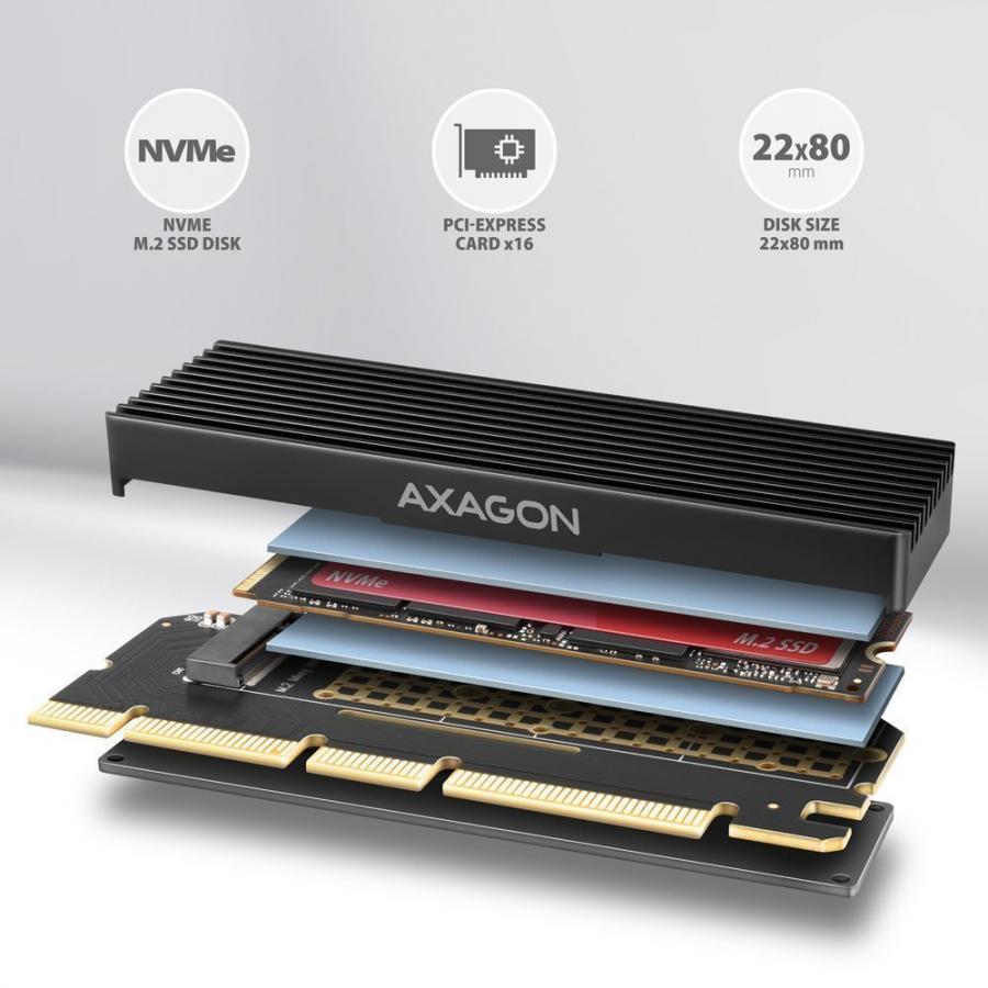 AXAGON PCEM2-XS PCI-E 3.0 16X - M.2 SSD NVME, UP TO 80MM SSD, LOW PROFILE, HEATSINK