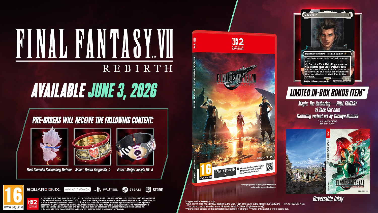 Final Fantasy VII Rebirth  Nintendo Switch 2 NEW  +  EXCLUSIVE MAGIC THE GATHERING - FINAL FANTASY PROMO CARD) (GAME-KEY CARD