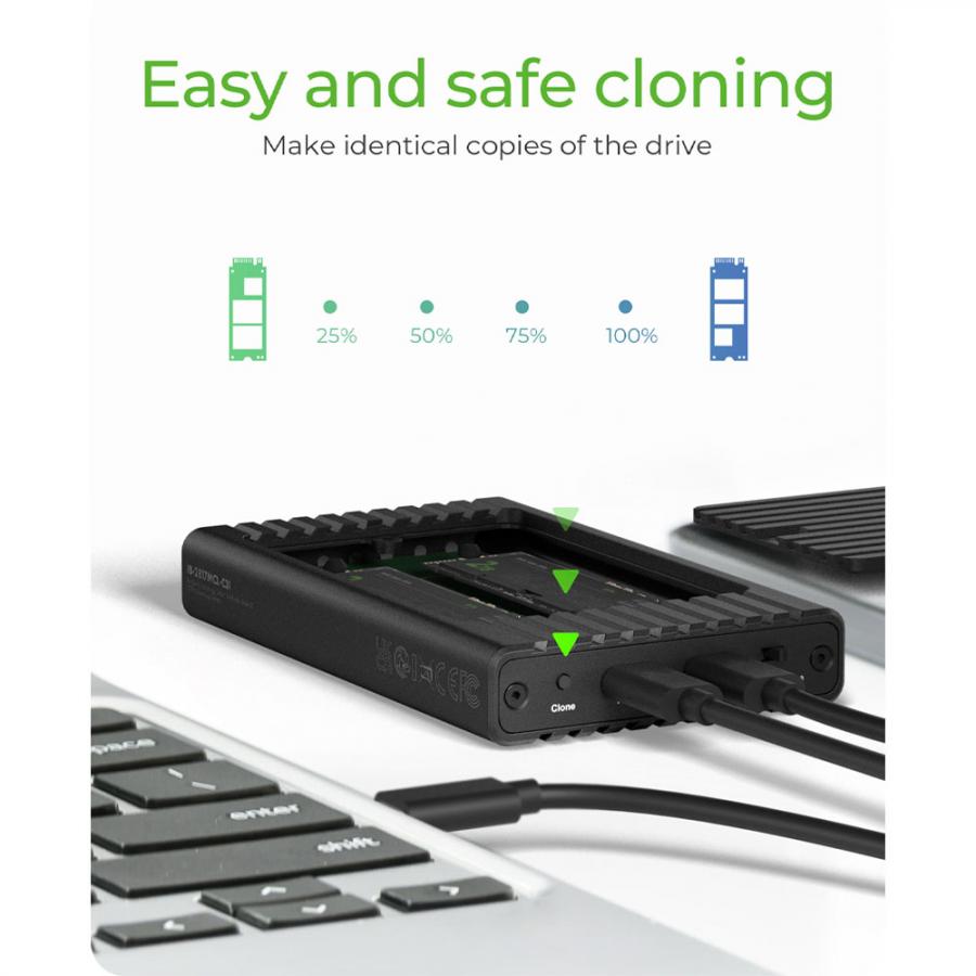 ICY BOX DUAL NVMe SSD ENCLOSURE WITH CLONE FUNCTION AND USB TO TYPE-C CABLE BLACK
