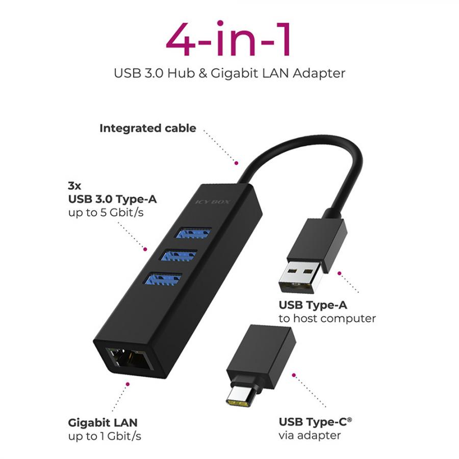 ICY BOX 4-PORT USB 3.2 HUB AND GIGABIT LAN ADAPTER