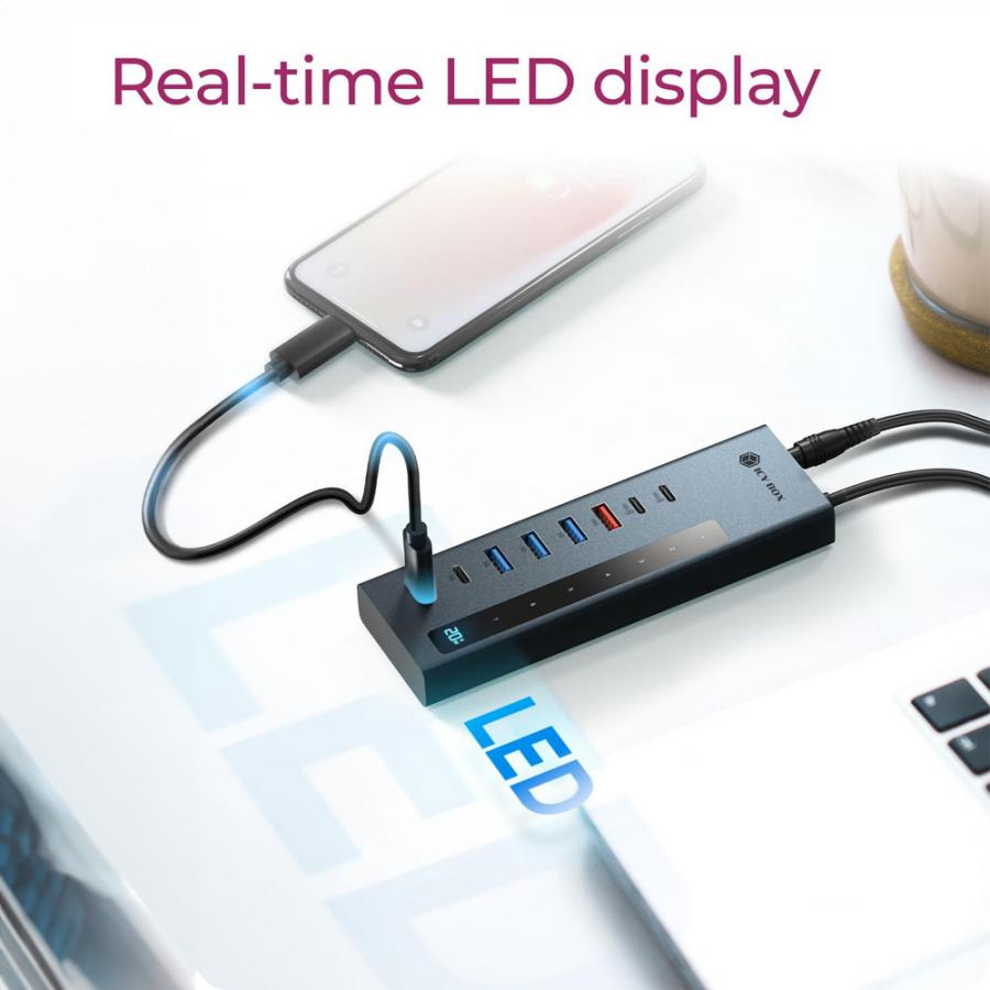 ICY BOX 9-IN-1 LED DISPLAY HUB WITH 2xTYPE-C PD100W 1xTYPE-C PD20W, 4xUSB3.2 & TYPE-C/USB HOST CONNECTION GREY
